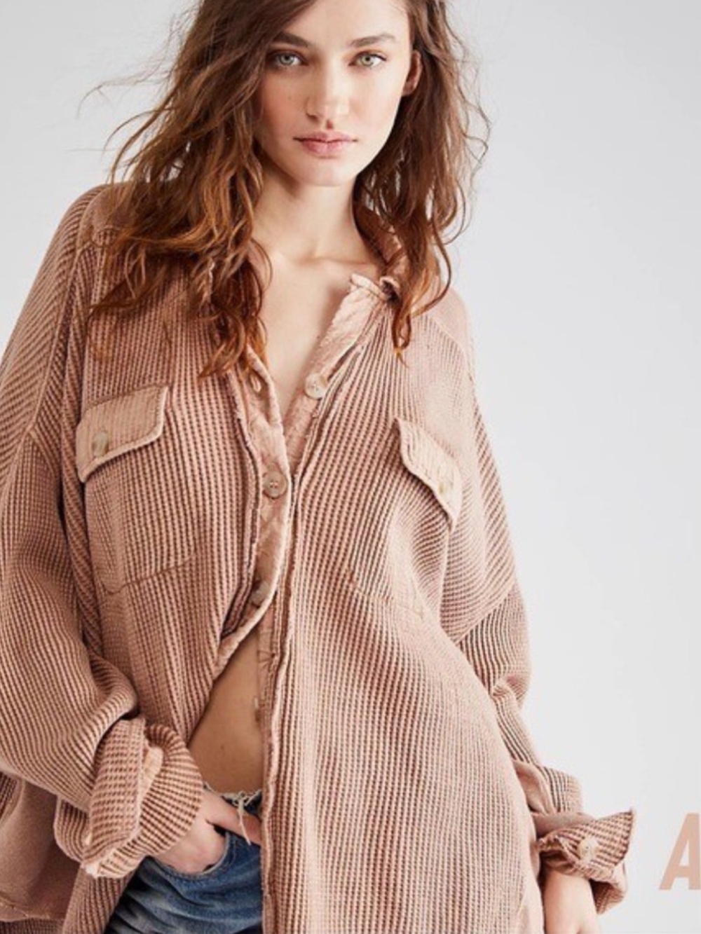 Free People Scout Bunny Dusty Rose Button-Up Waffle Knit Shacket Oversized XS